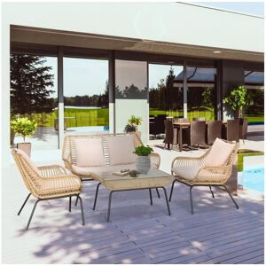 Outsunny Salon de jardin 4 pers. 4 pièces style exotique métal époxy résine imitation bambou coussins grand confort inclus polyester beige