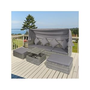 Outsunny Lit canapé de jardin modulable grand confort pare-soleil pliable 6 coussins 4 oreillers table basse relevable résine tressée polyester gris
