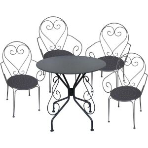 Salle a manger de jardin en metal facon fer forge une table et 4 fauteuils empilables Anthracite GUERMANTES de MYLIA