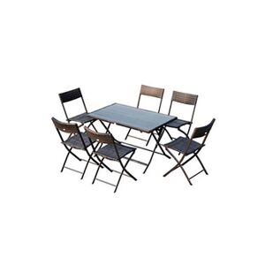 Outsunny Ensemble salon de jardin 6 personnes grande table rectangulaire pliable + 6 chaises pliantes métal résine tressée PS chocolat - Publicité