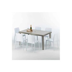 Grand Soleil - Table rectangulaire et 6 chaises Poly rotin resine ensemble bar cafè exterieur 150x90 Beige Marion, Chaises Modèle: Rome Blanc - Publicité