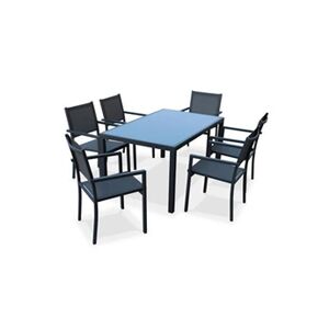 Sweeek Salon de jardin en aluminium et textilène - Capua - Anthracite gris - 6 places - 1 grande table rectangulaire 6 fauteuils empilables - Publicité