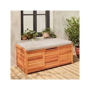 Sweeek Coffre de jardin 200L en bois - Caja beige - 125x60cm rangement coussins avec 2 vérins et poignées - Publicité