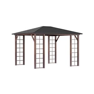 Outsunny Pergola pavillon de jardin avec toit rigide imperméable dimensions 364L x 299l x 280H cm Métal aspect bois gris foncé - Publicité