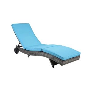 Outsunny Bain de soleil transat grand confort - dossier inclinable 5 positions roulettes - matelas déhoussable inclus - résine tressée bleu - Publicité