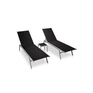 Vente-Unique.com Lot de 2 transats chaise longue bain de soleil lit de jardin terrasse meuble d'extérieur avec table acier et textilène noir 02_0012072 - Publicité