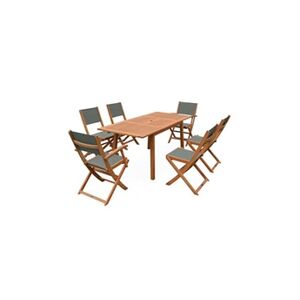 Sweeek Salon de jardin savane extensible - Almeria - Table 120/180cm avec rallonge 2 fauteuils et 4 chaises en bois d'Eucalyptus huilé et textilène savane - Publicité