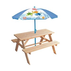 Fun House MA PETITE CARAPACE - Table pique-nique en bois h.53 x l.95 x ø 100 cm avec parasol tortue bleu h.125 x ø 100 cm pour enfant - Publicité