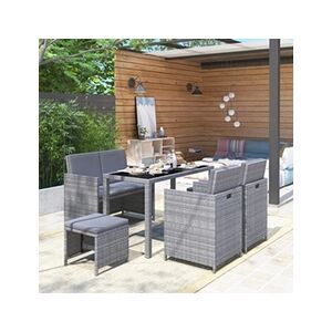 VIDAXL Meuble à dîner de jardin 6 pcs et coussins Résine tressée Gris - Publicité