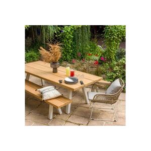 Jardiline - Ensemble table et bancs de jardin en aluminium et teck recyclé - Publicité