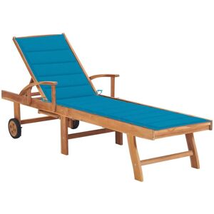 Vidaxl Chaise Longue Avec Coussin Bleu Bois De Teck Solide - Publicité