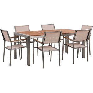 Table De Jardin Plateau Bois Eucalyptus 180 Cm Et 6 Chaises Beiges Grosseto - Publicité