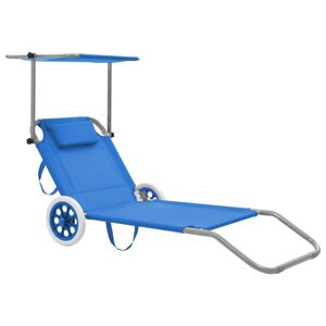 Vidaxl Chaise Longue Pliable Avec Auvent Et Roues Acier Bleu - Publicité