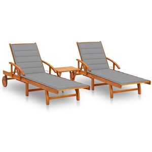 Lot De 2 Transats Chaise Longue Bain De Soleil Lit De Jardin Terrasse Meuble D'extérieur Avec Table Et Coussins Acacia Solide Helloshop26 02_0012103 - Publicité