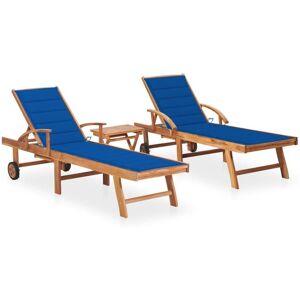 Lot De 2 Transats Chaise Longue Bain De Soleil Lit De Jardin Terrasse Meuble D'extérieur Avec Table Et Coussin Bois De Teck Solide Helloshop26 02_0012093 - Publicité