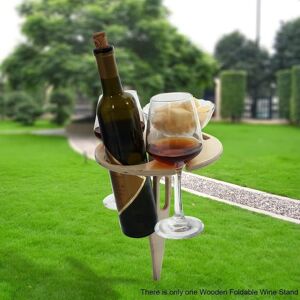 Table De Pique-Nique Pliante, Support De Verre À Vin De Pique-Nique De Camping, Table À Vin Ronde En Bois Pour Jardin Extérieur, Petit Casier À Vin Portable, Support De Téléphone - Publicité