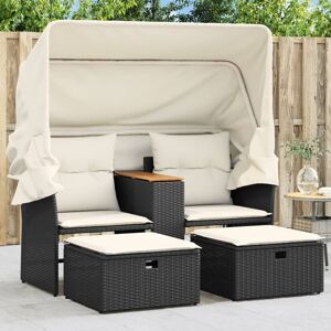 Vidaxl Canapé De Jardin 2 Places Avec Auvent Et Tabourets Noir Rotin - Publicité