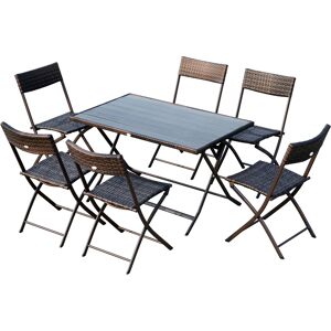 Outsunny Salon de Jardin Bistrot Pliable 7 Pièces Table Rectangulaire Pliable + 6 Chaises Pliantes Résine Tressée PC Chocolat