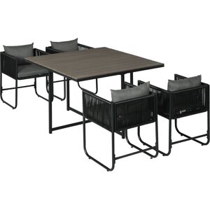 Outsunny Salon de jardin ensemble 5 pièces avec 1 table et 4 fauteuils 8 coussins table en composite plateau aspect bois noir   Aosom France