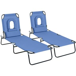 Outsunny Lot de 2 Bains de Soleil Pliable transat inclinable 4 Positions Chaise Longue de Lecture 3 Coussins fournis Bleu