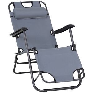 Outsunny Chaise longue inclinable transat bain de soleil 2 en 1 pliant têtière amovible charge max. 136 Kg toile oxford facile d'entretien gris