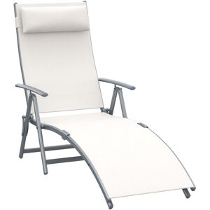 Outsunny Chaise Longue Inclinable Bain de Soleil Pliable Dossier Multiposition Têtière Fournie Max. 165 Kg Textilène Crème