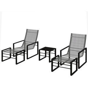 Outsunny Salon de jardin 5 pièces 2 places avec 2 fauteuils, 2 repose-pied et 1 table, métal noir, assise tissu mesh gris