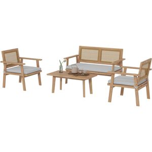 Outsunny Ensemble salon de jardin 4 pièces 4 personnes avec canapé 2 places, 2 fauteuils 1 table basse coussins, bois d'acacia