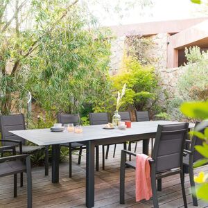 Hespéride Table de jardin extensible ALLURE Effet bois muscade   Graphite 12 places - Aluminium traité époxy Hespéride