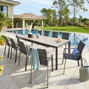 Hespéride Table de jardin extensible ÉVASION Effet bois Seigle   Graphite 10 places - Aluminium traité époxy, Lattes Hespéride