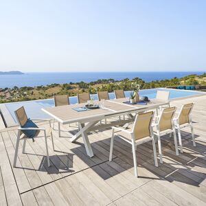 Hespéride Table de jardin extensible AXIOME Effet bois Lin   Blanc + 10 fauteuils AXANT 1 places et empilables Hespéride