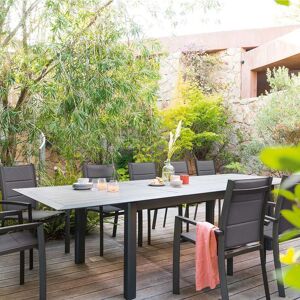 Hespéride Table de jardin extensible ALLURE Effet bois muscade   Graphite + 8 fauteuils 1 12 places et empilables Hespéride
