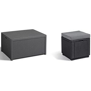 ALLIBERT 220002 Monaco Table lounge/coffre à coussins en plastique effet rotin Gris & Cube w/Cushion Tabouret, Graphite/Gris - Publicité