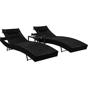 INLIFE Lot de 2 chaises longues avec table en polyrotin et textilène, noir, 4893 - Publicité