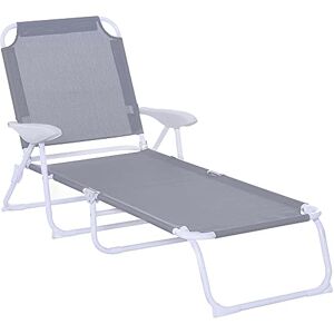 Outsunny Bain de Soleil Pliable transat inclinable 4 Positions Chaise Longue Grand Confort avec accoudoirs métal époxy textilène dim. 186L x 66l x 80H cm Gris Clair - Publicité