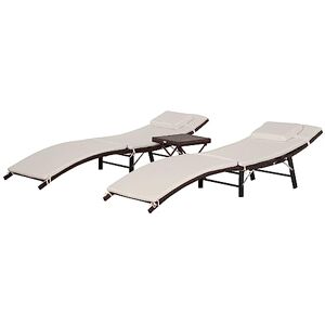 Outsunny Lot de 2 chaises Longues Pliantes Confortables : Matelas, Repose-tête + Table en résine tressée Couleur Chocolat - Publicité