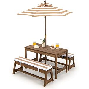 COSTWAY Table de Pique-Nique pour Enfants avec Parasol Réglable, Salon de Jardin en Bois pour Enfants avec Coussins, Table d’Activités Extérieures Intérieures, 89 x 44 x 50 cm (Marron) - Publicité