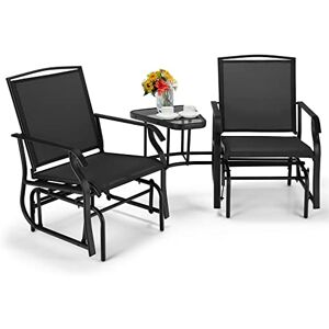 COSTWAY Lot de 2 Chaises à Bascule d’Extérieur et 1 Table Basse en Verre avec Trou pour Parasol, Salon de Jardin en Acier et Tissu, Charge 150 kg, 195x86x91,5 cm, Noir - Publicité