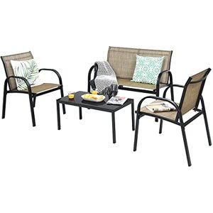 COSTWAY Ensemble Salon de Jardin 4 Pièces en Métal, 2 Fauteuils, Ensemble de Meubles de Patio 1 Causeuse 2 Chaises 1 Table Basse en Verre, pour Jardin Terrasse Piscine(Marron) - Publicité