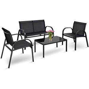 COSTWAY Ensemble Salon de Jardin 4 Pcs, Ensemble Table et Chaises Extérieur 4 Places, Chaise Extérieure en Textile Cadre en Fer, Table Basse Vitrée, pour Baclon, Terrasse, Patio, Gris/Noir(Noir) - Publicité