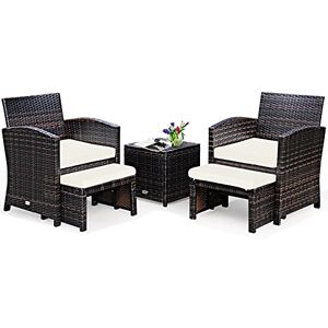 COSTWAY Salon de Jardin 5 Pièces, Ensemble de Meuble de Terrasse en Rotin PE avec Coussin, Table Basse en Verre Trempé pour Véranda, Patio, Balcon, Piscine (Marron+Blanc) - Publicité