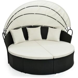 COSTWAY Lit de Jardin Rond en Rotin PE avec Auvent Rétractable, Ensemble de Chaises avec Coussins et Oreillers Amovibles Charge 360KG, pour Jardin Porche Bord de Piscine, Blanc Cassé - Publicité