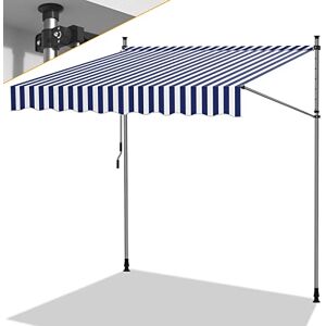 Herrselsam Store banne avec manivelle pour Balcon, 200x120cm Auvent Rétractable Réglable en Hauteur et en Inclinaison, sans Percement, protège du Soleil Hydrofuge, Bleu Blanc - Publicité