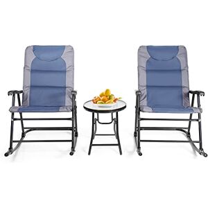 COSTWAY Salon de Jardin 2 Personnes, Ensemble de Jardin 3 PCS avec 2 Chaises Rembourrés à Bascule et Table en Verre Pliables, pour Jardin, Piscine, Plage, Terrasse (Bleu + Gris) - Publicité