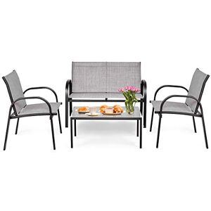 COSTWAY Ensemble Salon de Jardin 4 Pcs, Ensemble Table et Chaises Extérieur 4 Places, Chaise Extérieure en Textile Cadre en Fer, Table Basse Vitrée, pour Baclon, Terrasse, Patio, Gris/Noir(Gris) - Publicité