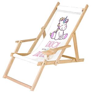 Ferocity Chaise Longue Pliable en Bois avec accoudoirs et Porte-gobelet Blanc Motif Licorne [119] - Publicité