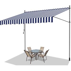 Fiqops Store de Balcon avec Manivelle, 400x120x200-300cm Rétractable Réglable en Hauteur et en Inclinaison pour Balcon Auvent Téléscopique Résistant UV et Imperméable, Bleu Blanc - Publicité