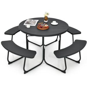 COSTWAY Ensemble Table de Pique-Nique avec 4 Bancs Intégrés, Ensemble de Jardin Table de Pique-Nique Circulaire 135KG Trou pour Parasol, pour Jardin Piscine, 190 x 76 cm (Noir) - Publicité