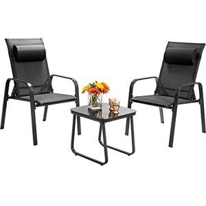 COSTWAY Lot de 2 Chaise Pliante avec Table Basse Chaise Inclinable 3 Niveaux 106°-159°, 3 Pcs Ensemble Salon de Jardin Charge 150KG en Tissu Teslin Structure en Acier (Noir) - Publicité