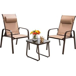 COSTWAY Lot de 2 Chaise Pliante avec Table Basse Chaise Inclinable 3 Niveaux 106°-159°, 3 Pcs Ensemble Salon de Jardin Charge 150KG en Tissu Teslin Structure en Acier (Marron) - Publicité